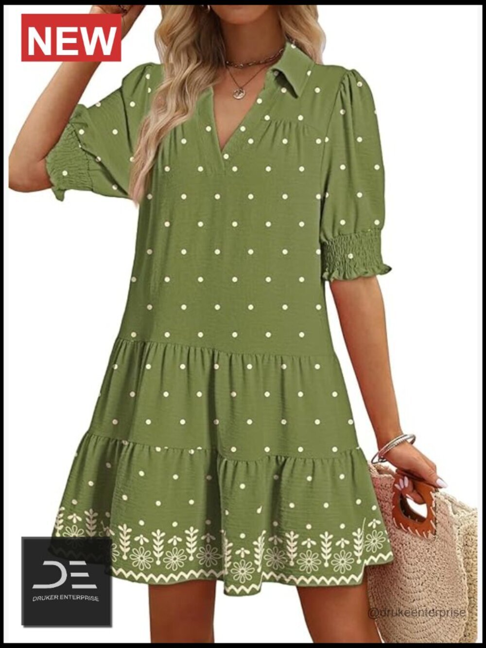 Mid Sleeve V-Neck Pleated A-Line Midi Dress with Stretch Cuffs